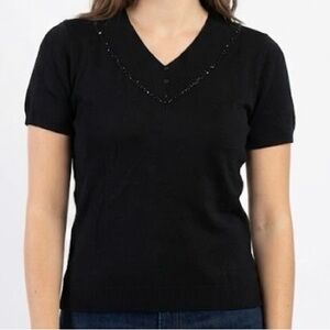 80s/90s Hong Kong Beaded Silk Blend Knit Sweater Top Black V-Neck Refined Grunge